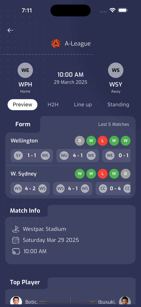 SNC Sport App zeigt eine Fußballspielvorschau mit Teamform und Stadiondetails.