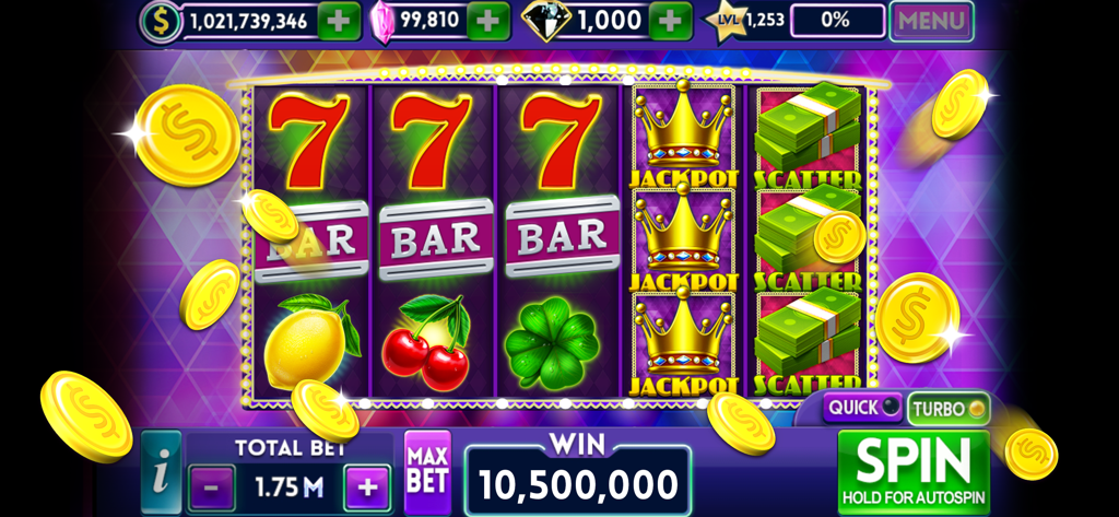 Slot Bonanza- 777 Vegas casino - Gameplay of Slot Bonanza featuring classic 777 slots with a big win and gold coins
