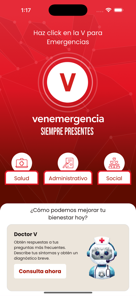 Venemergencia - Home screen of Venemergencia app featuring a large emergency button and a section for a virtual health assistant named Doctor V.