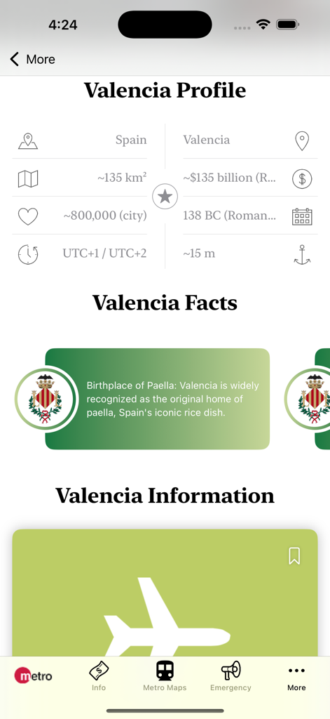 Pantalla de perfil y datos de la ciudad de Valencia mostrando la historia de la población y la información local