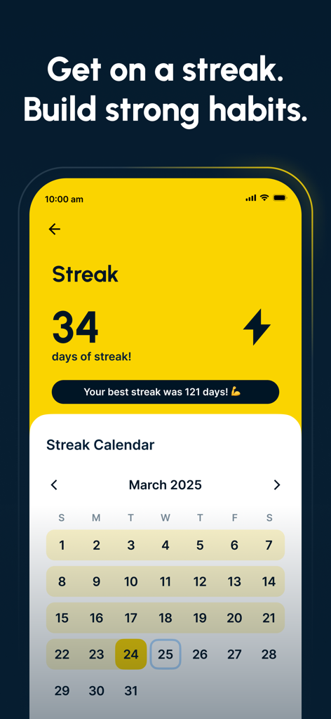 Fasting streak tracking screen with a 34 day progress and calendar view in the Feel Great app
