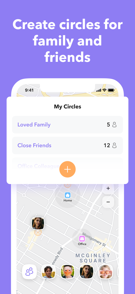 My Geo — find friends & family - Interface of the My Geo app showing the My Circles feature with family and friends groups over a live map