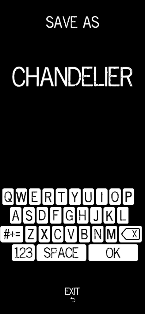 Pocket Talkbox - Pocket Talkbox app interface showing a save prompt for a preset named Chandelier with an on-screen keyboard