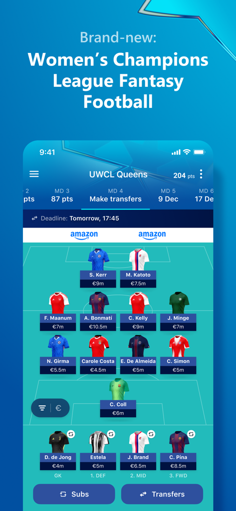 A mobile screen showing the Women's Champions League Fantasy Football team management interface with a lineup of female soccer players.