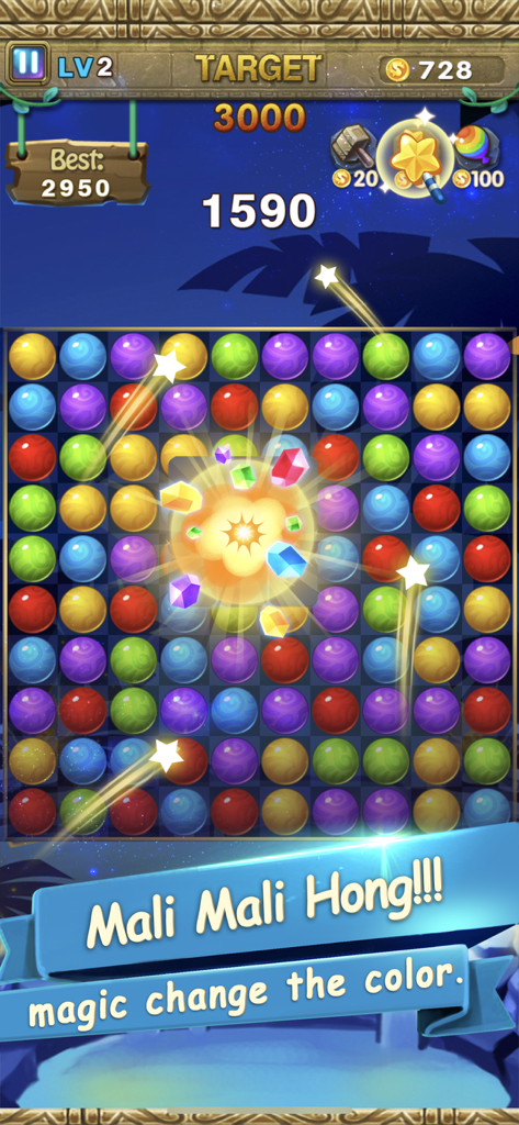 Uma grade colorida de bolhas no jogo Bubble Breaker com um efeito de power-up de estrela mágica