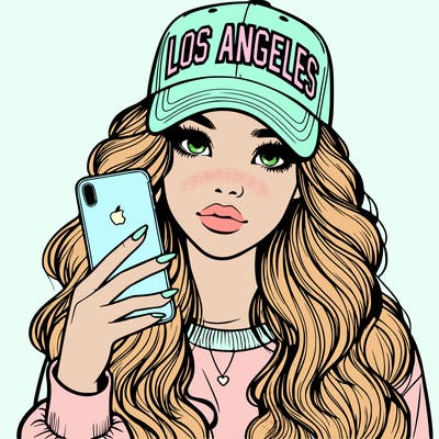 realistic beautiful girl wearing los ángeles cap holding an iphone