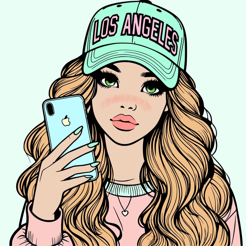 realistic beautiful girl wearing los ángeles cap holding an iphone