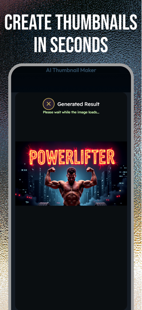 Thumbnail Maker: YT Studio Art - Pantalla de la aplicación Creador de Miniaturas IA de YT Studio mostrando una miniatura generada de un levantador de pesas