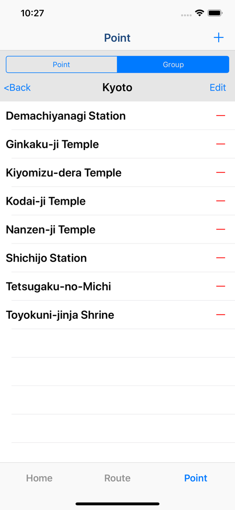 The point management screen in the Route Maker app showing a list of saved locations for a Kyoto route.