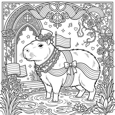 Immerse yourself in a truly unique coloring experience with this adorable capybara celebrating Pride in a gothic-inspired setting. This intricate design blends playful charm with elegant dark aesthetics, perfect for creative minds.