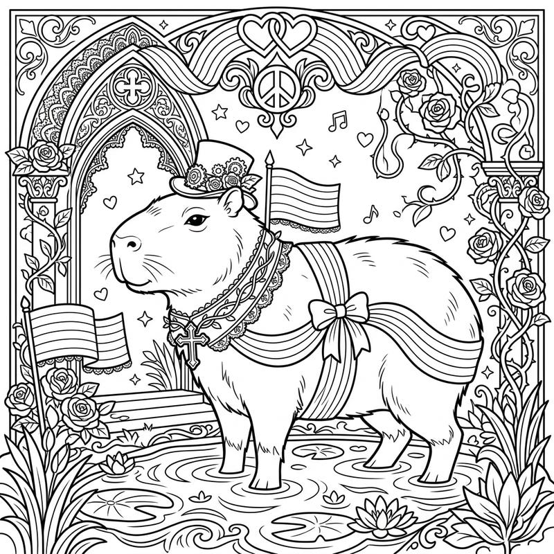 Immerse yourself in a truly unique coloring experience with this adorable capybara celebrating Pride in a gothic-inspired setting. This intricate design blends playful charm with elegant dark aesthetics, perfect for creative minds.