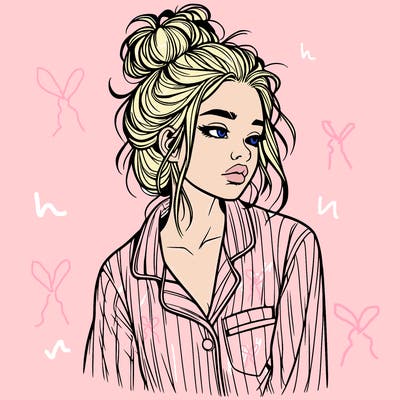 realistic woman with pajamas on and a messy bun