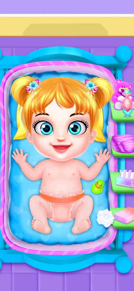 Baby Care - Reborn Baby Games - Un bebé de dibujos animados sonriente con pelo naranja acostado en una cuna azul con artículos de cuidado de pañales