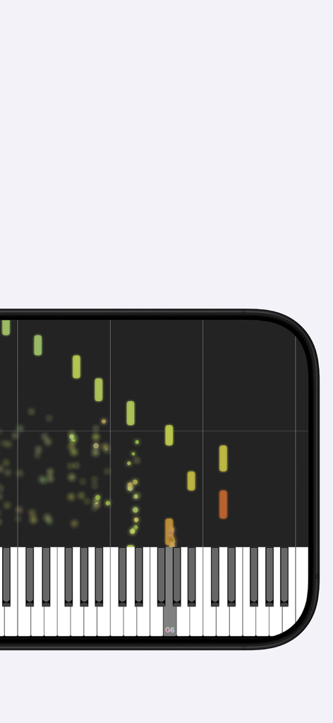 A digital piano interface showing real-time MIDI note visualization and playback.