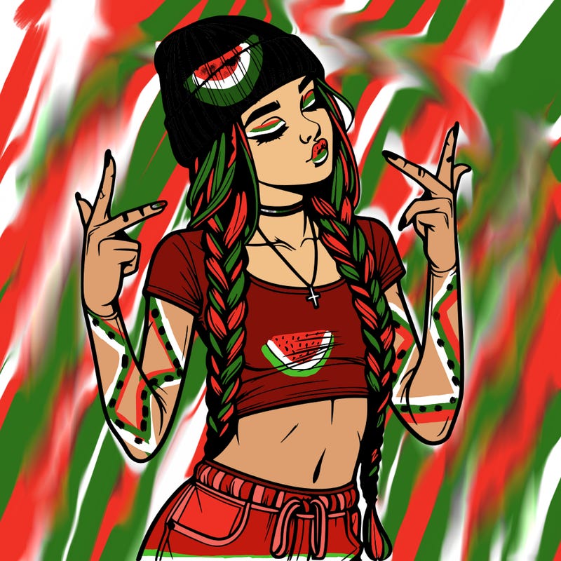 realistic teenage girl with braids and a beanie and crop top doing 🫶🏼