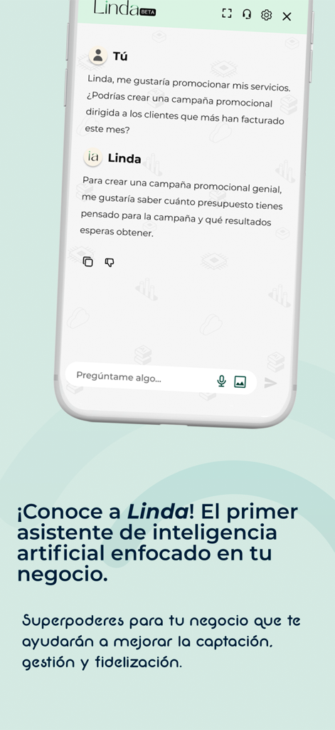 Bewe para negocios - Interfaz de la aplicación Bewe para negocios que muestra un chat con Linda, la asistente de IA de negocios, para marketing y gestión