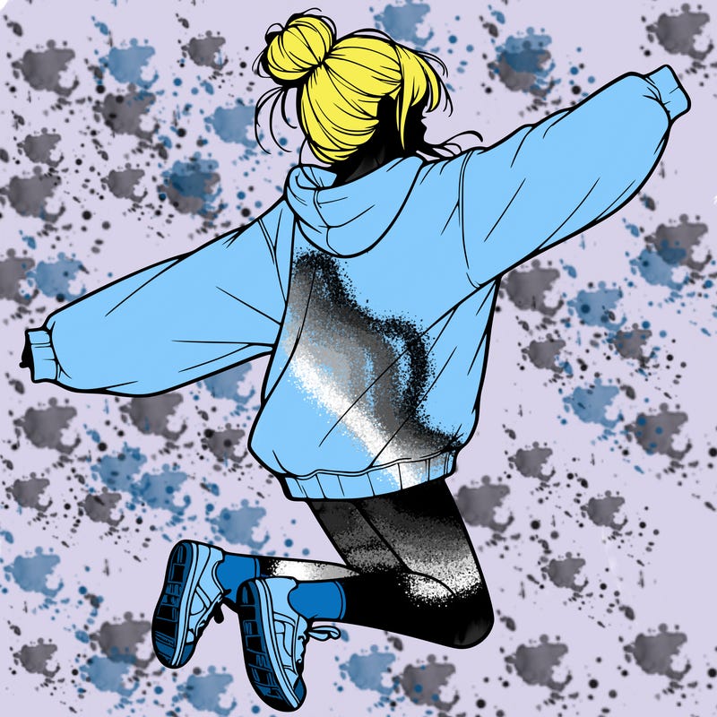 realistic girl jumping with a bun and oversized sweatshirt