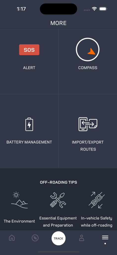 Ardhi - #MyLand أرضي - Interface of the Ardhi app showing navigation tools like SOS alert, compass, and off-roading safety tips