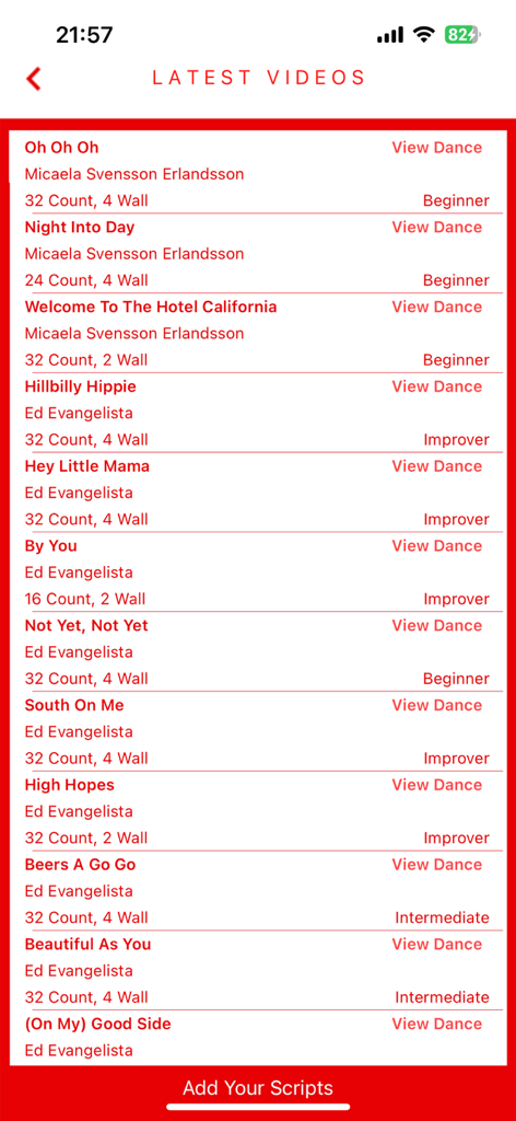 Linedancer - A list of the latest line dance videos featuring choreographer names, difficulty levels, and step counts.