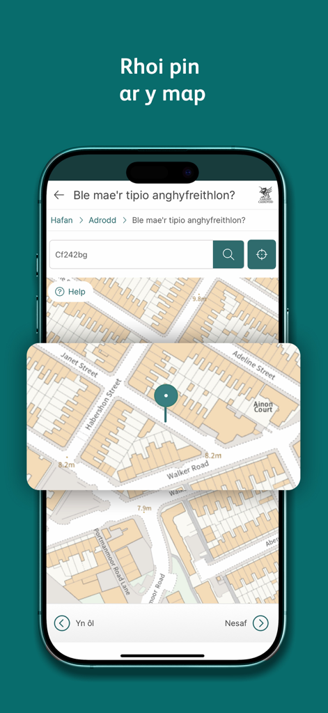 Cardiff Gov app interface in Welsh showing a map with a pin to report illegal tipping