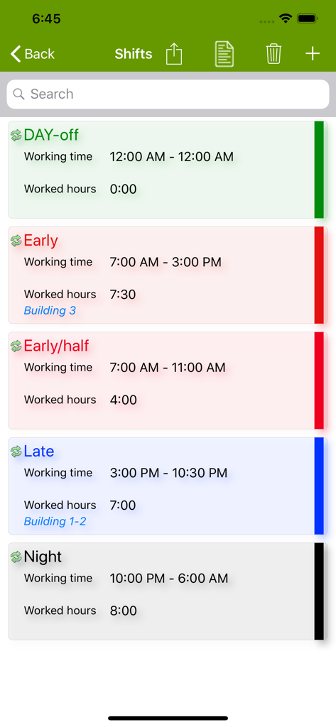 FlexR (Shift planner) - Eine Liste verschiedener Schichttypen, einschließlich Früh-, Spät- und Nachtschichten in der FlexR-App-Oberfläche