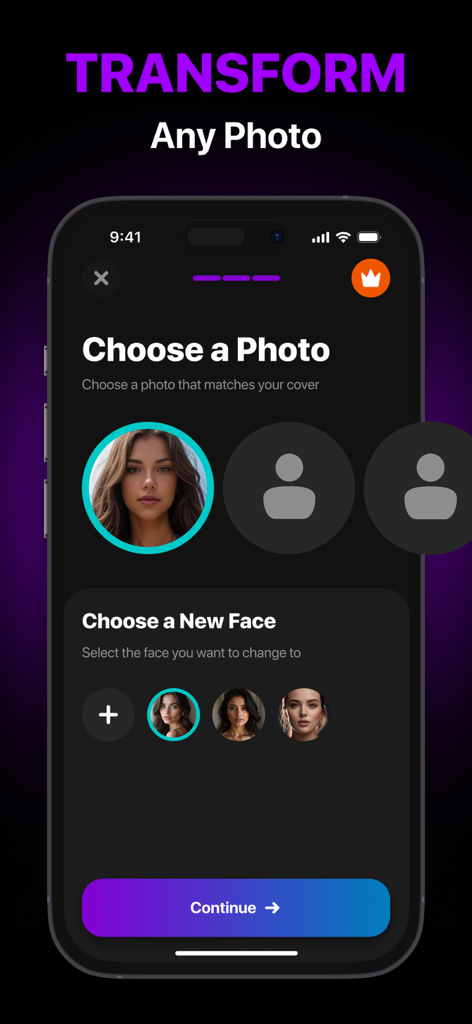 AI Face Swap by Swappx - Interfaz de la aplicación AI Face Swap by Swappx que muestra opciones para elegir una foto y un nuevo rostro para la transformación