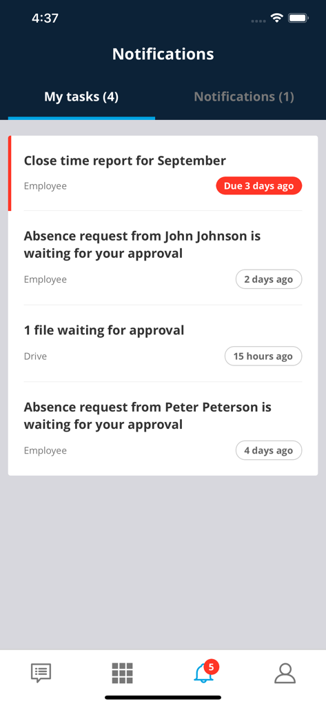 Azets Cozone mobile app interface showing a list of pending tasks including absence requests and time report approvals