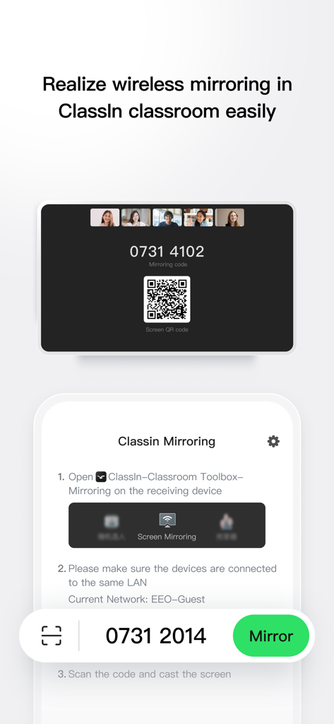 Wireless screen mirroring instructions for the ClassIn online classroom platform
