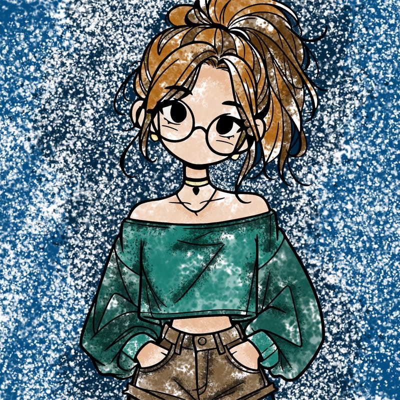 girl with a messy ponytail glasses a baggy crop top and jean shorts