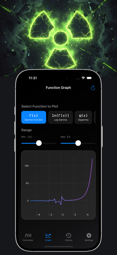 Gamma Calculator - Interface of the Gamma Calculator app displaying an interactive plot of the Gamma Function in dark mode with range adjustment sliders and a purple function curve.