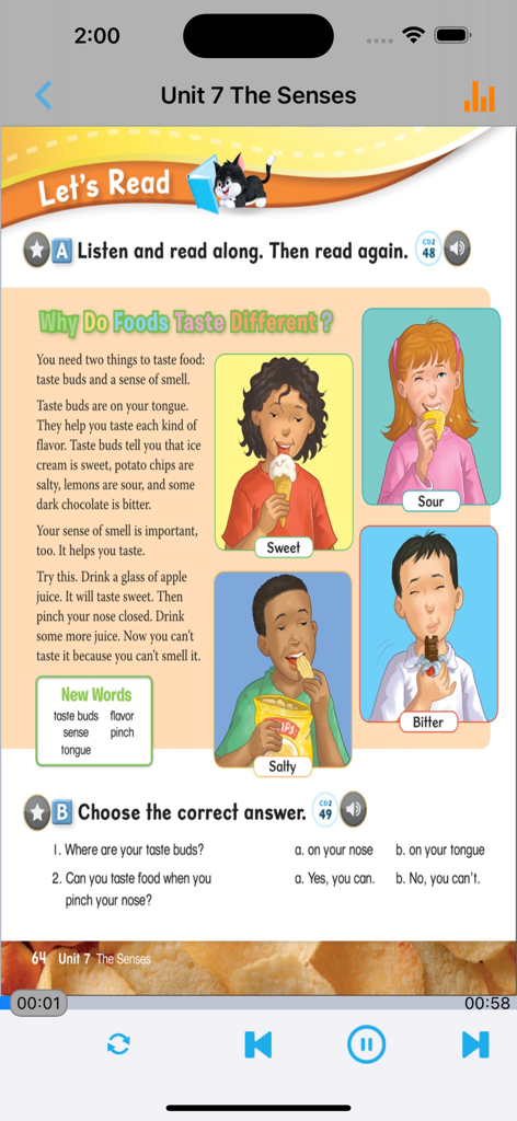 An educational screen from the Oxford Lets Go 5 app titled The Senses featuring a reading section on why foods taste different with illustrations for sweet sour salty and bitter tastes.
