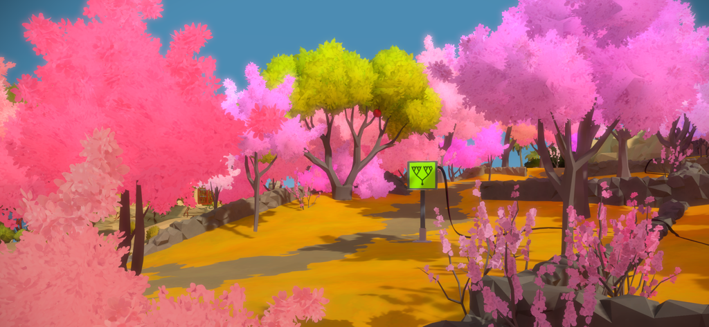 Un vibrante paisaje de mundo abierto en The Witness con árboles de color rosa brillante y un panel de puzle verde.