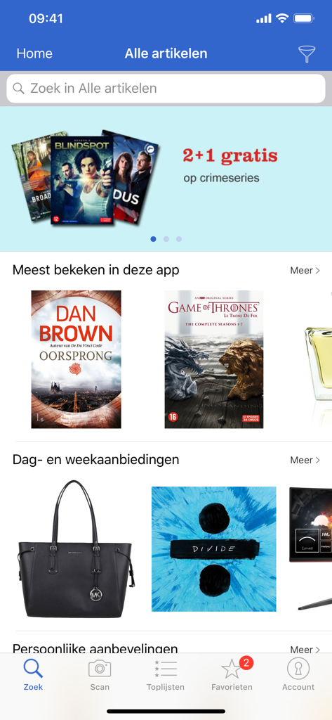 Zoek & Scan-app voor bol.com - bol.com 검색 및 스캔 앱의 홈 화면, 일일 특가 상품 및 인기 상품 표시