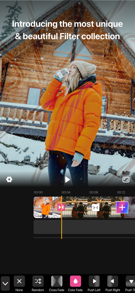 Music cutter & Music mixer - Mobile interface of the Music cutter and Music mixer app showing video filters and transitions for social media editing