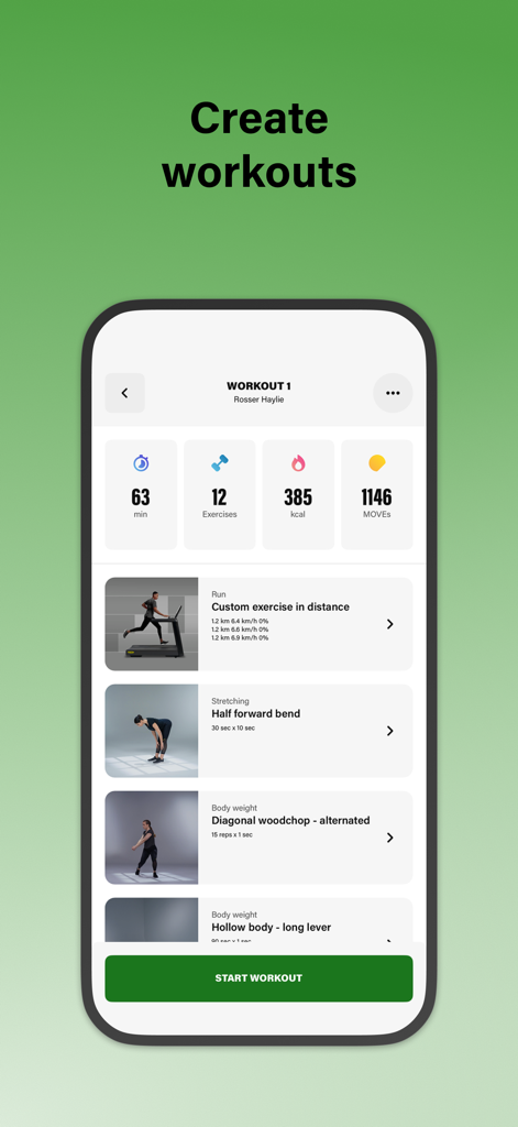Un'interfaccia di app fitness professionale per creare e gestire allenamenti personalizzati per i clienti.