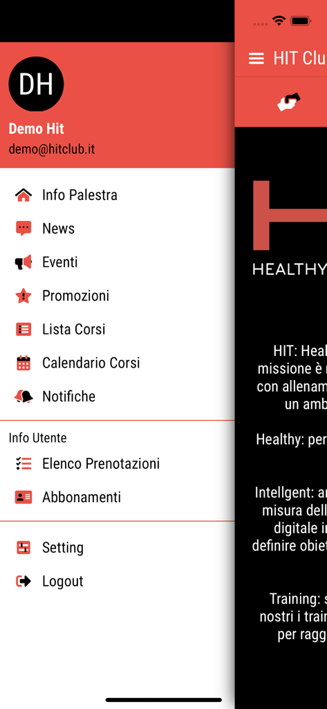 HIT Club - Sidebar navigation menu of the HIT Club fitness app displaying course lists, bookings, and subscription management.
