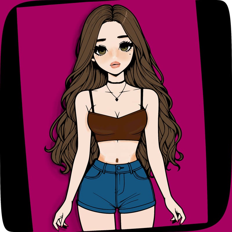 a realistic girl with long hair and in a crop top and shprts