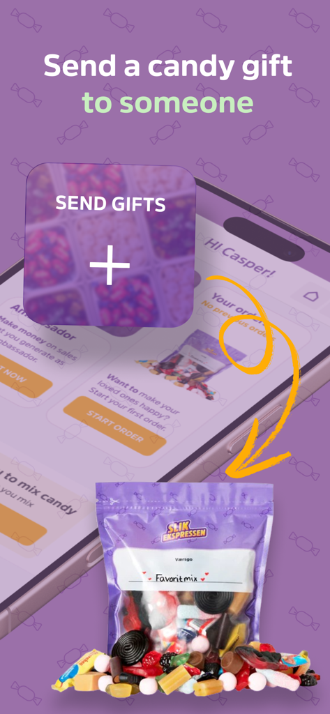 CandyExpress Candy app - A smartphone displaying the CandyExpress app interface with a personalized bag of Swedish candy.