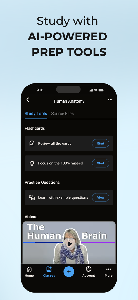 Interface of the QuickTakes app showing AI-powered flashcards and practice questions for a human anatomy class.