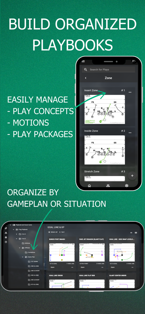 Football Play Card - Football Play Card app interface showing organized football playbooks and game planning tools on mobile and tablet devices