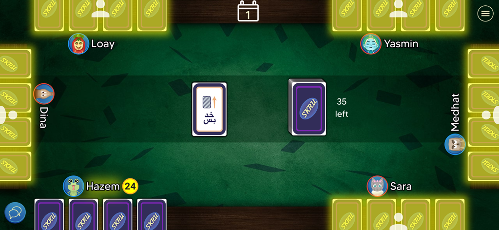 Skru - Gameplay screen of Skru multiplayer card game with six players around a green virtual table