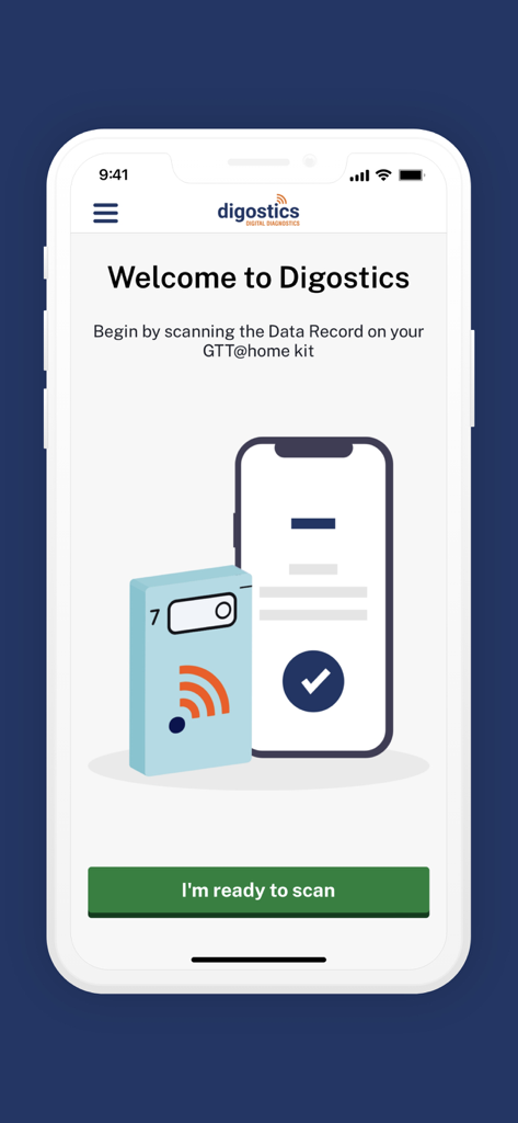 GTT@home - Tela de boas-vindas do aplicativo GTT@home mostrando instruções para escanear o registro de dados em um kit de teste usando um smartphone.