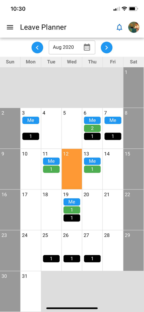 HR.my Mobile - A calendar view of the Leave Planner in the HR.my Mobile app showing employee time off and schedules