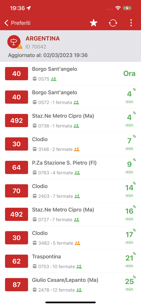 Probus Rome - Atac Transport - Probus Rome app showing real time bus arrival times and route details for a transit stop in Rome