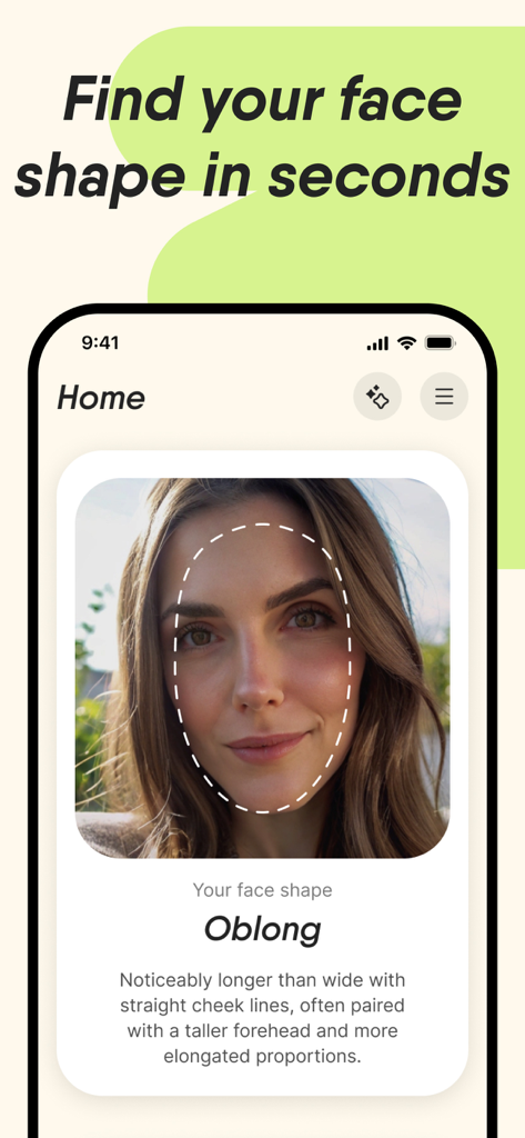 Face Shape Finder Detector - KI-Analyse des Gesichts einer Frau, die ihre Gesichtsform als länglich mit einer detaillierten Beschreibung identifiziert.