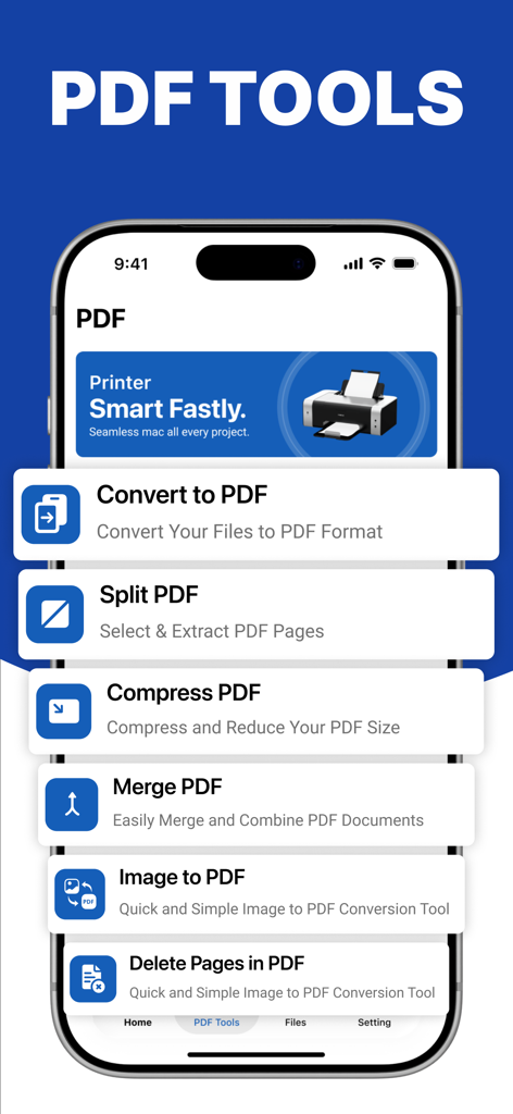 HP Smart Printer App • iPrint - HP Smart Printer App interface showing various PDF management tools including convert split and compress options