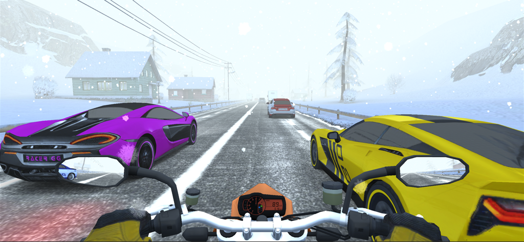 Racing Fever: Moto - First person view of a motorcycle racing between luxury cars on a snowy road