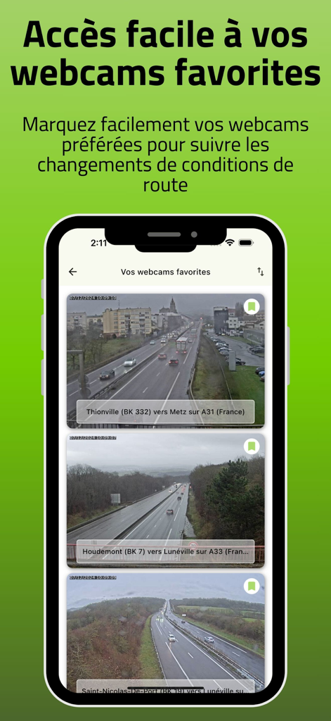 Interface montrant les webcams de trafic en direct préférées sur les autoroutes françaises dans l'application Info Trafic Grand-Est.