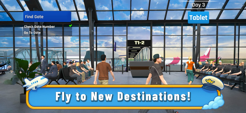 Cabin Crew Simulator - 3D simulation of an airport terminal with passengers and the text Fly to New Destinations