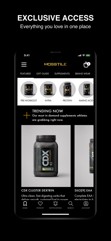 HOSSTILE mobile app shopping interface showcasing bodybuilding supplements and trending products.